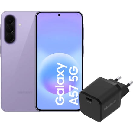 Samsung Galaxy A57 128GB Paars 5G + BlueBuilt Oplader met Usb C Poort 45W Zwart