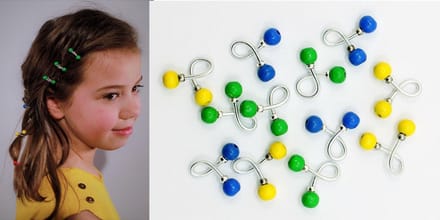 Haar binders met houten kralen blauw/geel/groen
