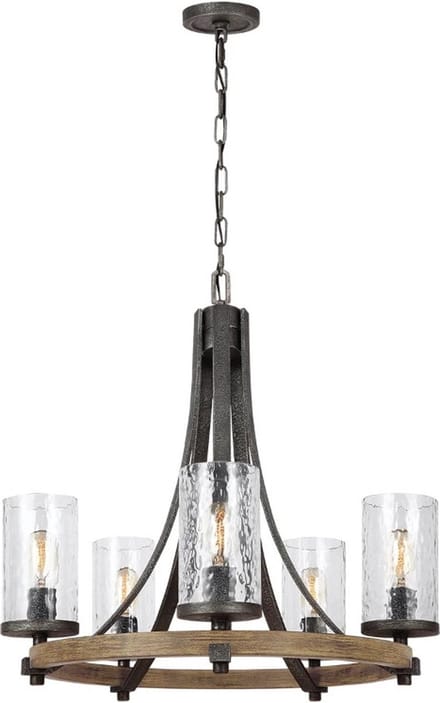 Feiss LED Kroonluchter | 5X E27 Max 60W | Dimbaar | Distressed Weathered Oak & Slate Grey Metal