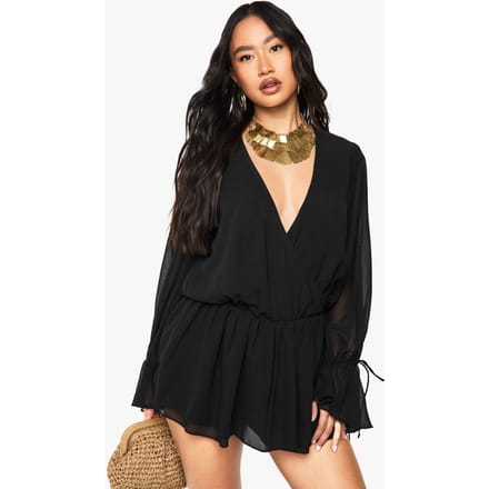 boohoo Dames Chiffon lange mouwen V-hals playsuit | Black | Maat: 10
