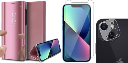 Hoesje geschikt voor iPhone 13 Mini - Spiegel Book Case - Roze - Met Screenprotector en Camera Screen Protector