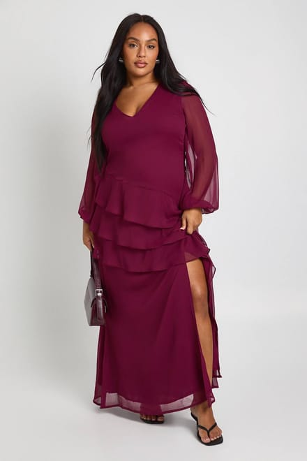 boohoo Dames Plus chiffon maxi-jurk met ruches | Bordeaux Rood | Maat: 50