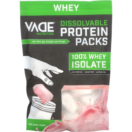 Vade Nutrition, Oplosbaar Eiwit Pakket, 100% Whey Isolaat, Aardbeien Milkshake, 1,6 lb (720 gr)