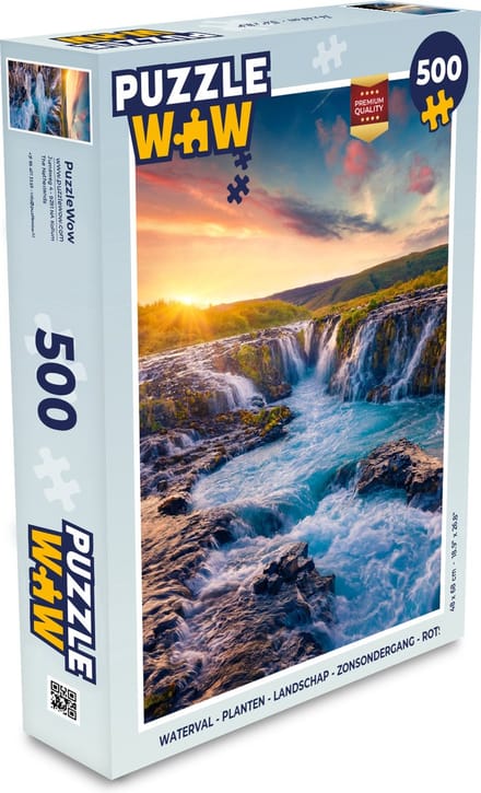 Puzzel Waterval - Planten - Mos - Landschap - Zonsondergang - Rots - Legpuzzel - Puzzel 500 stukjes