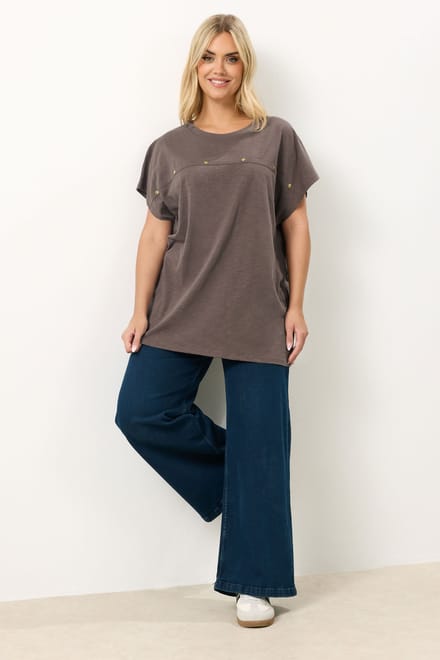 Yours Chocoladebruin Tshirt Met Studs En Aangegroeide Mouwen Size 50-52