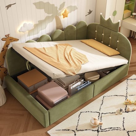 Sweiko Kinderbed - 90 x 200 cm - Opbergruimte - Velvet - Kroonvorm - Groen