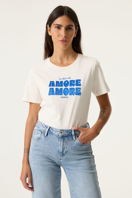 GARCIA Dames Tekst Print T-shirt Wit Korte mouw