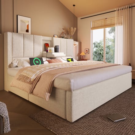 MODFU Bedframe 160x200 cm – Met opklapbare hoofdsteun, 3x USB, 1x Type-C en hydraulische opbergruimte – Beige linnen