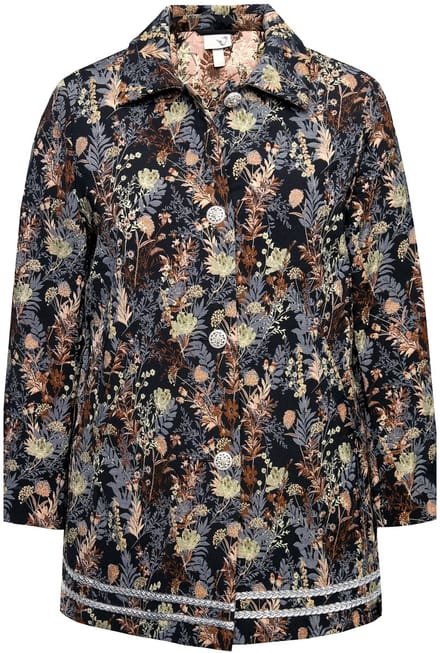 Ulla Popken - Dames - Jas jacquard patroon overhemdkraag sieradenknopen - Zwart - Maat 42+