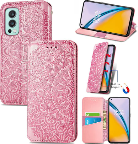 Luxe PU Lederen Blooming Mandala Reliëfpatroon Wallet Case + PMMA Screenprotector voor OnePlus Nord 2 _ Roze