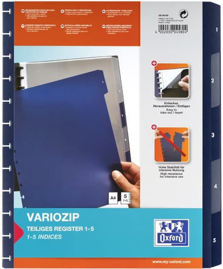Oxford vario-zipp tabbladen, 5-delig, A4, 245 x 316 mm