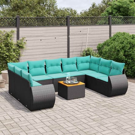vidaXL - 10-delige - tuinbankset - met - kussens - van - zwart - polyrotan