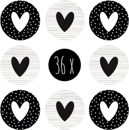 36x Stickers / Sluitstickers | HARTJE | 25 mm | rond | zwart & wit | 2 soorten
