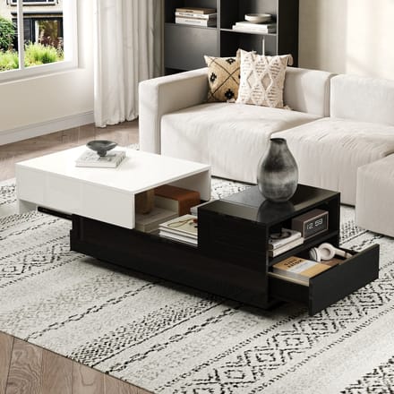 PHOEBE CAT Salontafel - Hoogglans - Met lade - Schuifbaar tafelblad - Zwart + Wit