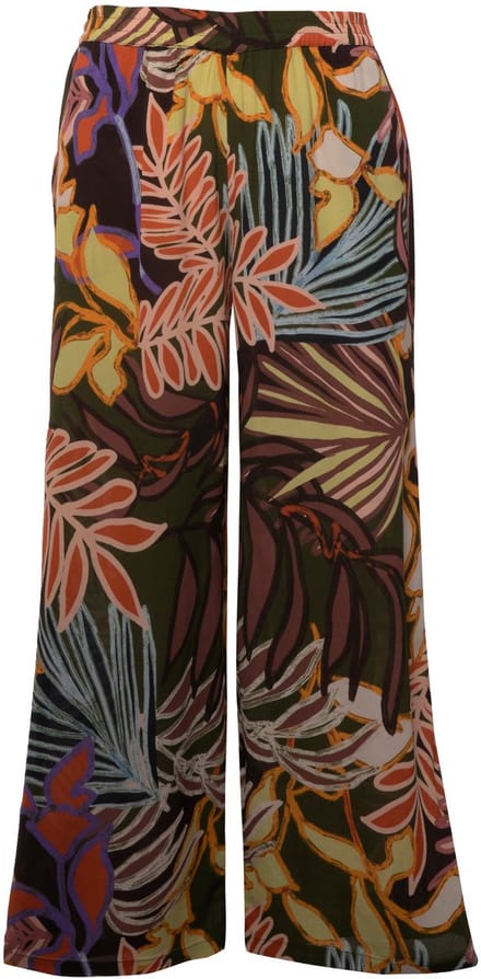 Ulla Popken - Dames - Broek bladeren wijde pijpen elastische tailleband - Bosgroen - Maat 54+