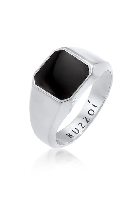 KUZZOI - Ring - Heren Signet Ring Emaille Zwart Basis Trend in 925 Sterling Zilver verguld - Heren