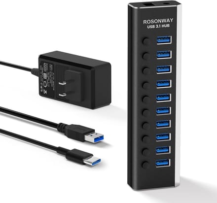 USB-hub 10-poorts aluminium behuizing, USB 3.1 10Gbps, 36W voedingsadapter, 8x USB 3.0, 1x USB 3.1, Type A en Type C-kabels