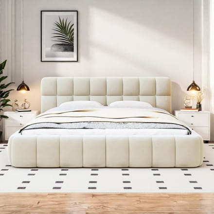 Gestoffeerd tweepersoonsbed 140x190cm met lattenbodem en zachte rugleuning