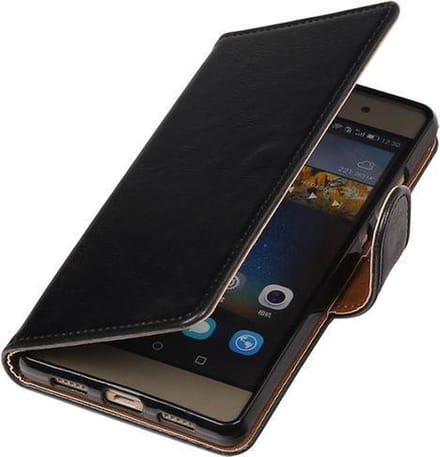 Zwart Pull-Up PU booktype wallet cover hoesje voor Huawei P8 Lite