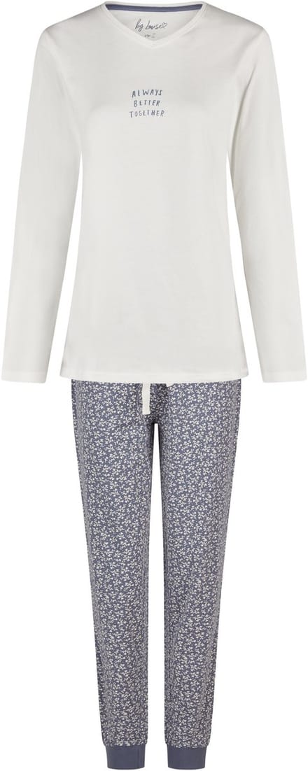 By Louise Dames Pyjama Set Lang V-Hals Off-White/Donkerblauw Gebloemd - Maat M