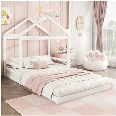 Lit d'enfant - MUVOE - 140 x 200 cm - Bois de pin et MDF - Design en forme de maison - Sommier inclus blanc