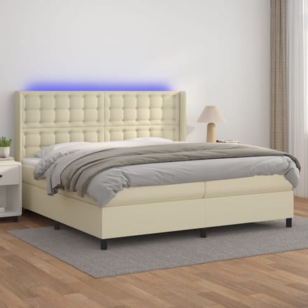 vidaXL - Boxspring - met - matras - en - LED - kunstleer - crèmekleurig - 200x200 - cm