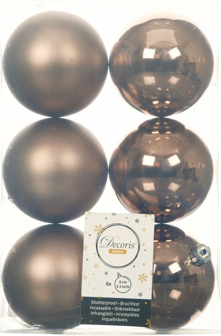 Decoris Kerstballen - 6x st - walnoot bruin - D8 cm - kunststof - mat/glans - kerstversiering