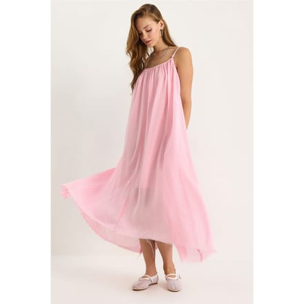Effen Spaghetti Draagband Muslin Midi Jurk met Transparante Zoom