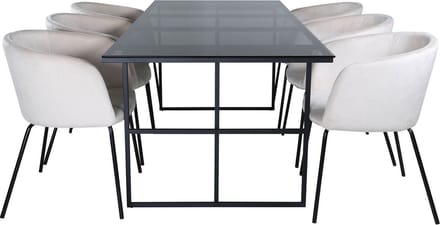 Leif eethoek eetkamertafel rokerig glas en 6 Berit eetkamerstal velours beige.