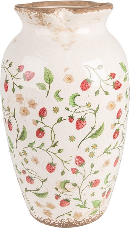 Clayre & Eef Vaas Ø 21x37 cm Beige Rood Keramiek Aardbeien