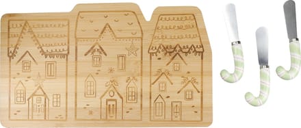 Kaasplank, Serveerplank met Kaasmessen Set, 4-Delig, Bamboe, Huisjes - KitchenCraft | The Nutcracker Collection