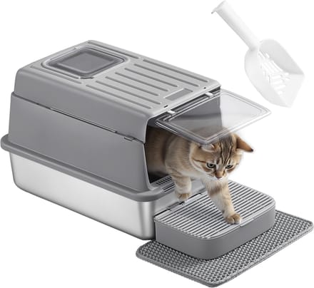 Feandrea - Kattenbak - Van Roestvrij Staal - Met Deksel en Schep - 2 Ingangen - Inclusief Mat