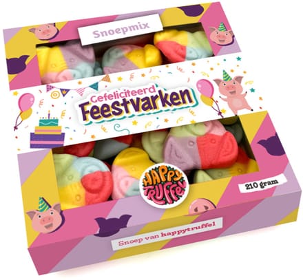 Snoeppakket “Gefeliciteerd Feestvarken” Biggetjes snoep (210 gram)