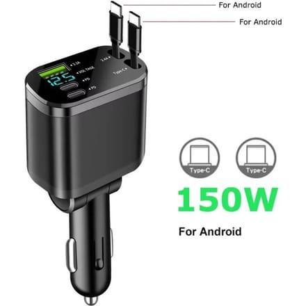 5-in-1 150W Autolader met 2 Intrekbare Kabels USB Type C Supersnellader Adapter met Spanningsweergave voor iPhone & Android black