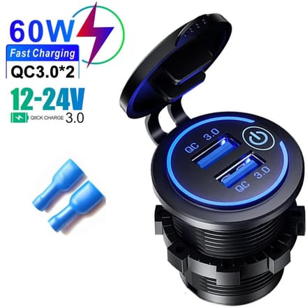 60W Autolader QC3.0 Dubbele USB Snelle Autolader met Aanraakschakelaar & Led-licht 12V/24V Snel Laadadapter