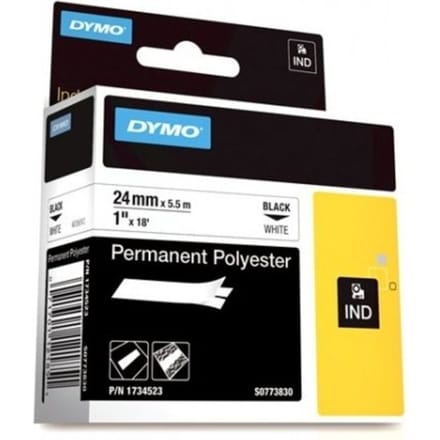Labeltape dymo rhino industrieel polyester 24mm Zwart op wit