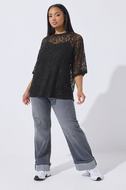 Limited Collection Zwart Tshirt Met Kant Size 48