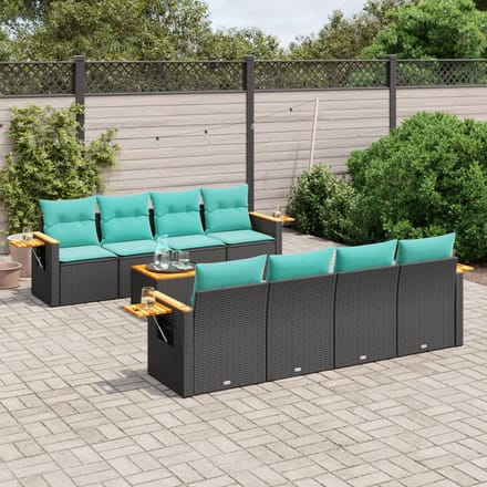 vidaXL - 9-delige - Loungeset - met - kussens - poly - rattan - zwart