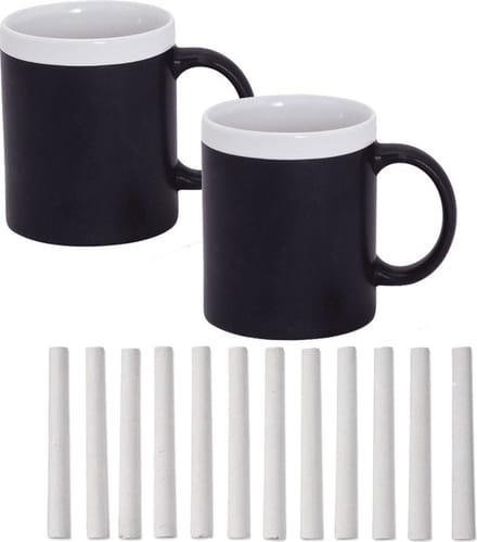Set van 2x Krijt Koffie/Thee Mokken - wit - met pakje krijt
