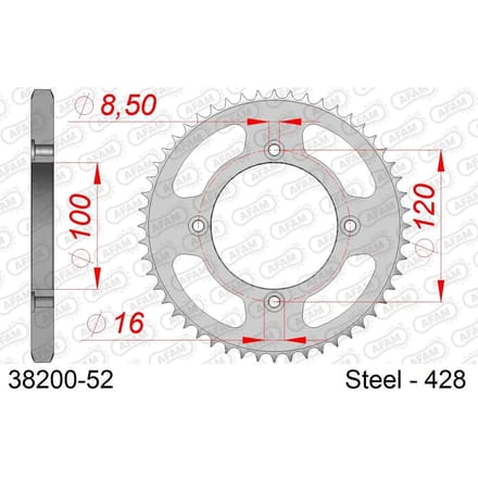 Achtertandwiel Afam voor motor Beta 125 RE ENDURO 2009 tot 2014 52 tanden P 428