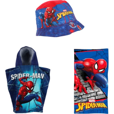 Spiderman strandset; strandlaken, poncho en vissershoedje