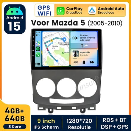 HexinexMarket Octa-Core autoradio Geschikt voor Mazda 5 (2005-2010) - Draadloos CarPlay, Android Auto, Android 15, multimediaspeler, 4GB+64GB