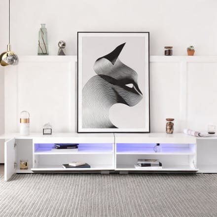 MODFU Tv-meubel – 240x35,5x38,5 cm – Met LED-verlichting – Wit – Extra lang – Tv-kast met verstelbare sfeerverlichting – MDF – Modern design