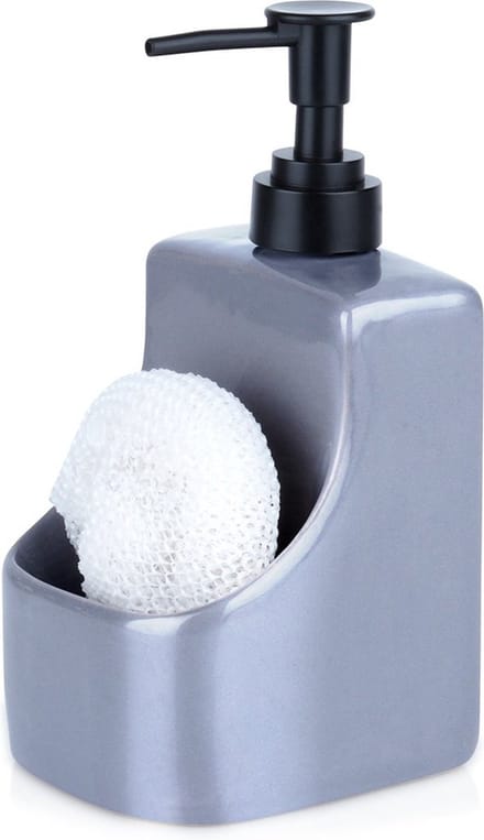 Afwasmiddeldispenser met Sponshouder en Spons Keramiek Grijs 400 ml - Zeepdispenser voor De Keuken - Vaatwasmiddeldispenser