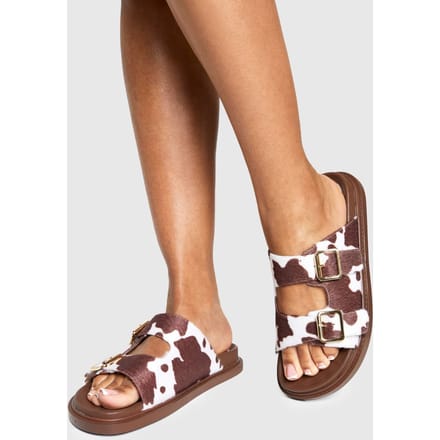boohoo Dames Cow Print Gespen Sandalen | Tan | Maat: 3