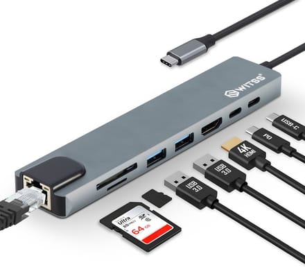 Switss® - USB-C Hub Docking Station 8-in-1 Gigabit - 4K HDMI, 65W PD - Aluminium