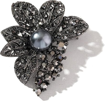 Victoriaanse Stijl Bloem Broche met Zwarte Parels en Kristal