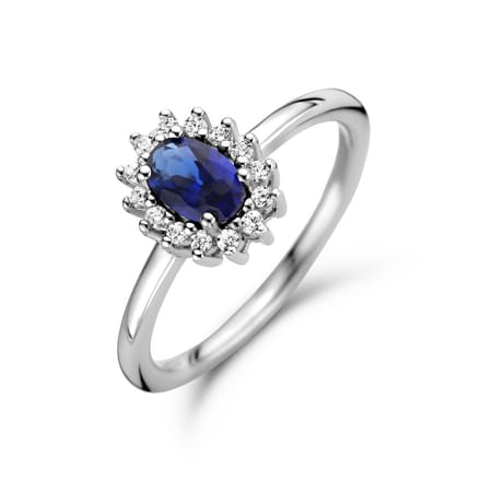 Gerhodineerd Zilver Ring Synth. Saffier En Met Zirkonia Halo 1336563