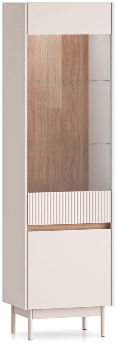 Selsey Dunea – Vitrinekast 2-deurs, glas & LED, Kasjmier grijs/eikenlook, 55 cm