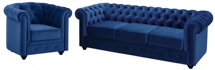 Vente-unique Driezitsbank en fauteuil CHESTERFIELD - velours - koningsblauw